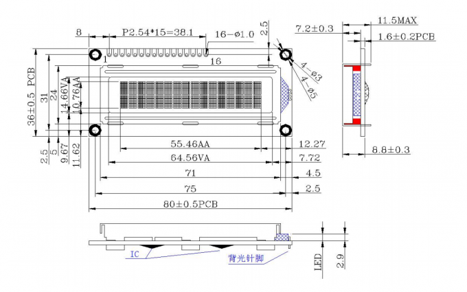 LCD Mall 16 pin COB LCD-module 16*2 DOTS 8 bit parallel interface 1