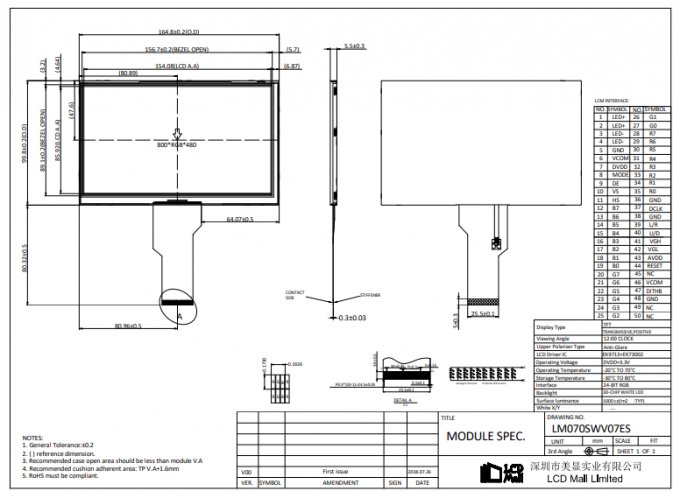 7 inch 800*480 24 bit RGB TFT LCD-scherm met CTP voor thuisgebruik 1