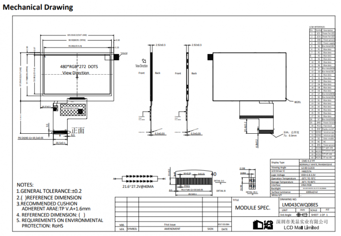 4.3 inch 24 BIT RGB Custom LCD Display Transflectioneel aanraakscherm 1000nits 1