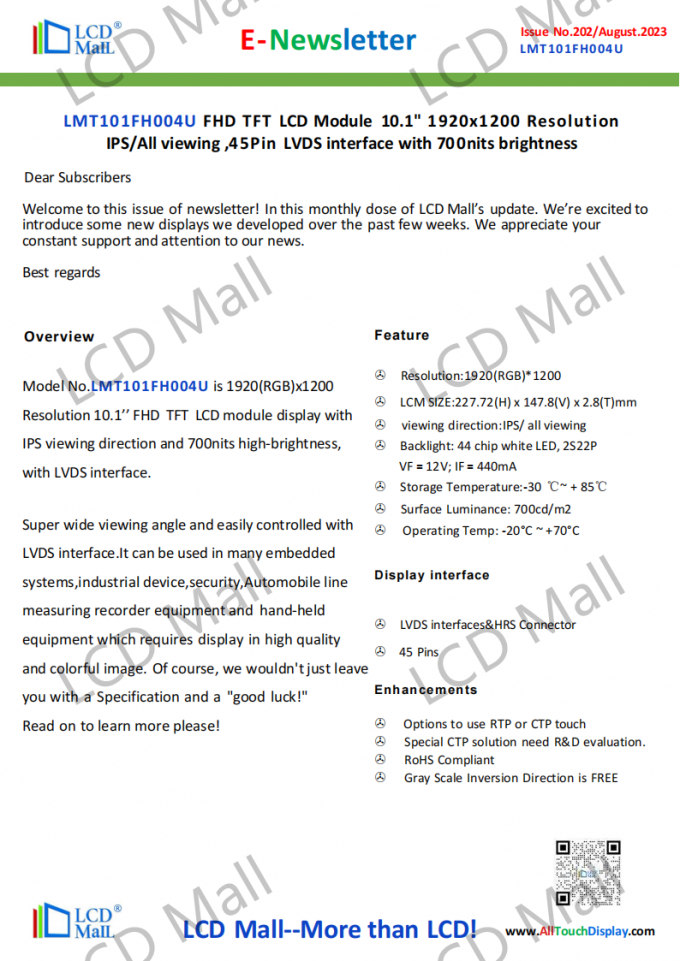 laatste bedrijfsnieuws over Uitgave 202 Newsletter_10.1 inch LMT101FH004U Van LCD Mall  0