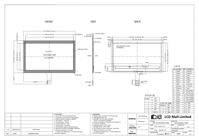 1920*1080 Resolutie CTP TFT LCD module 15,6 inch LCD-paneel 210cd 0
