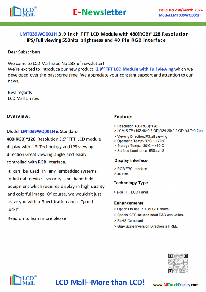 laatste bedrijfsnieuws over Uitgave nr. 238 Newsletter_3.9 inch LMT039WQ001H From LCD Mall  0