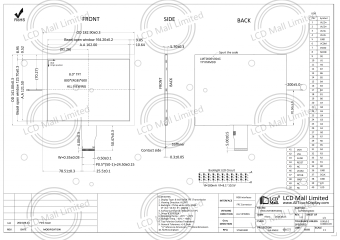 JD9165A Driver IC 8 inch tft lcd scherm Display met 27 chip LEDs Achterlicht 50 pin type 0