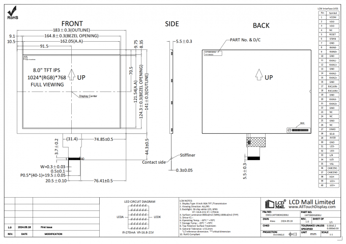 8.0" TFT-LCD-module 1024*768 Resolutie 1000nits 40PIN LVDS-interface voor AK-draad gesoldeerd aan FPC 0