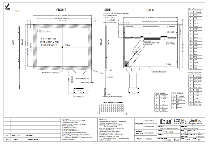 Aanpasbare 12,1 inch LCD-displaymodule met 1024 * 768 resolutie en 20 pin LVDS-interface 0