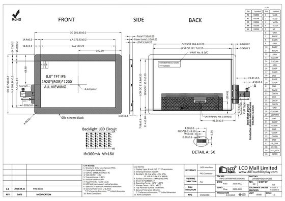 kopen Smart 8' FHD TFT LCD CTP Display 1920*1200 LCD Scherm IPS Viewing 1000nits LVDS Interface online manufacture